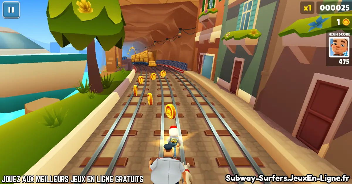 Gameplay de Subway Surfers avec collecte de pièces sur les rails