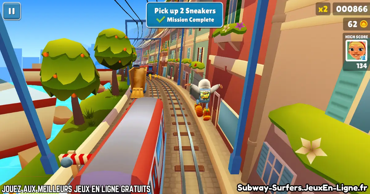 Personnage de Subway Surfers sautant entre les trains